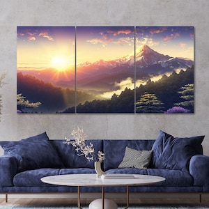 3 Piece Sunrise Over Mountains Forest Landscape Canvas Wall Art Framed Multi Panel Art Set of 3 Prints Modern Home Decor