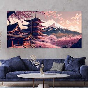 3 Piece Beautiful Mount Fuji Japanese Temple Landscape Canvas Wall Art Framed Multi Panel Painting Style Art Set of 3 Prints Home Decor