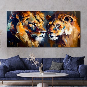 3 Piece Lion and Lioness Canvas Wall Art Framed Multi Panel Painting Style Canvas Art Set of 3 Prints Modern Home Decor