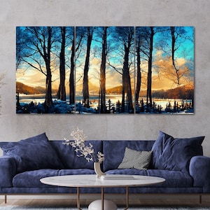 Winter Tree Landscape Canvas Wall Art: Modern 3-Panel Print Set