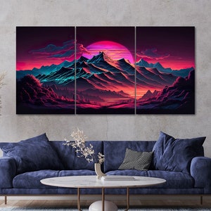 May include: A three-panel canvas print featuring a vibrant sunset over a mountain range. The sun is a bright pink and orange, and the mountains are a mix of blue, purple, and green. The sky is a deep purple, and there are clouds in the distance.