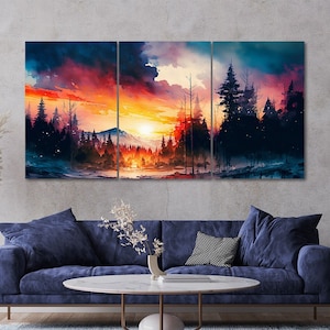 3 Piece Dramatic Sunset Forest Scenery Canvas Wall Art Framed Multi Panel Watercolor Painting Style Art Set of 3 Prints Modern Home Decor