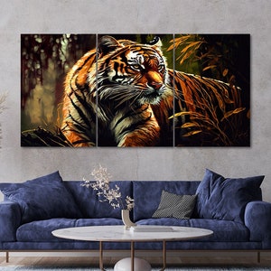 3 Piece Wild Tiger Jungle Forest Scene Canvas Wall Art Framed Multi Panel Painting Style Canvas Art Set of 3 Prints Modern Home Decor