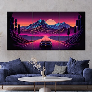 3 Piece Vaporwave Mountain Road Sunset Landscape Canvas Wall Art Framed Multi Panel Outrun Painting Style Art Set of 3 Prints Home Decor