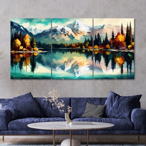 3 Piece Lake Mountain Reflection Nature Landscape Canvas Wall Art Framed Multi Panel Painting Style Art Set of 3 Prints Modern Home Decor