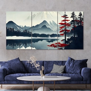 3 Piece Red Tree Winter Lake Mountain Landscape Canvas Wall Art Framed Multi Panel Painting Style Art Set of 3 Prints Modern Home Decor