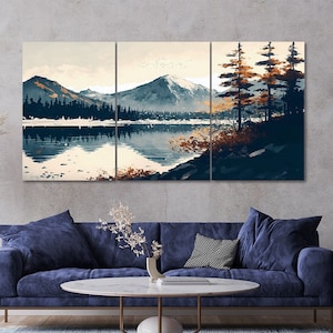 3 Piece Watercolor Winter Mountain Lake Landscape Canvas Wall Art Framed Multi Panel Painting Style Art Set of 3 Prints Modern Home Decor