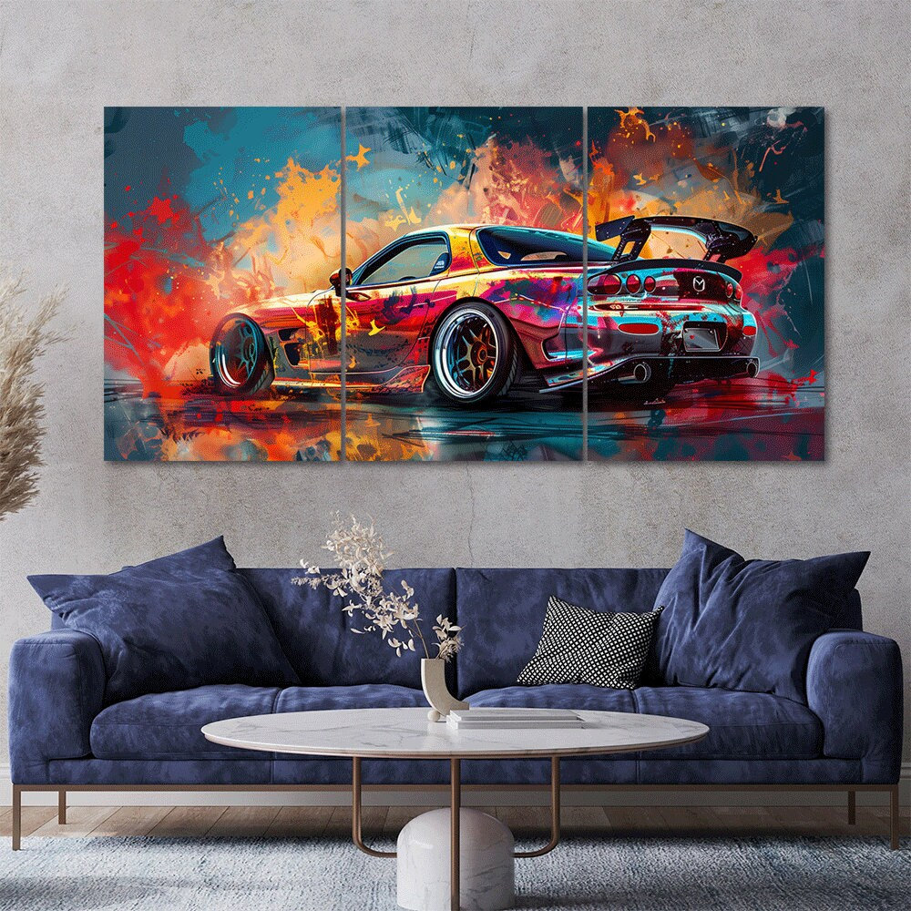 Mazda RX-7 Sports Car Artwork 3 Piece Canvas Wall Art Framed Multi Panel Prints Abstract Painting Style Art Modern Home Decor