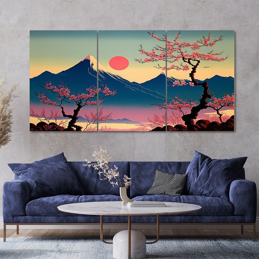 Japanese Cherry Blossom Canvas Art: Mountain Scene, Set of 3 - Etsy