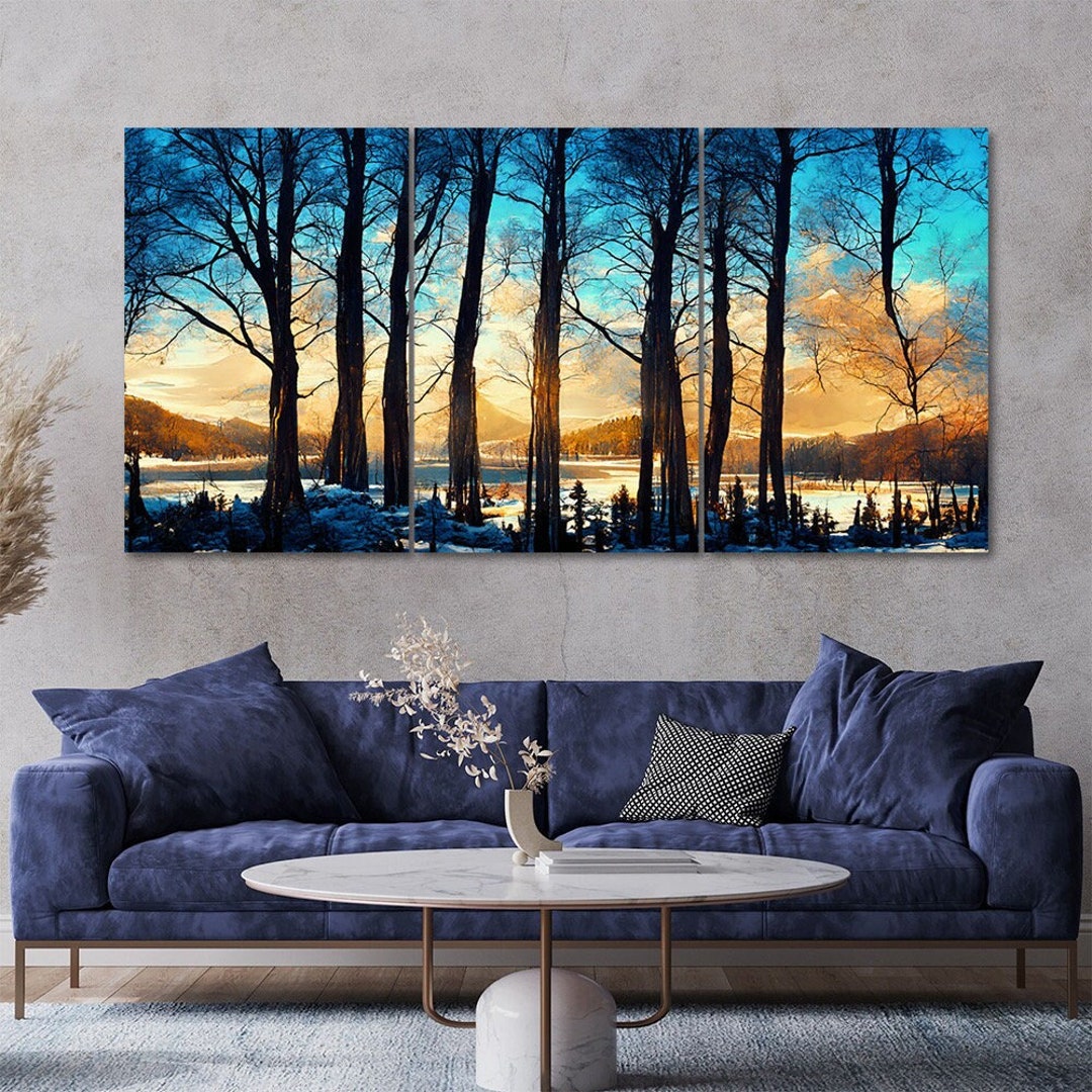 3 Piece Winter Tree Landscape Canvas Wall Art Framed Multi Panel