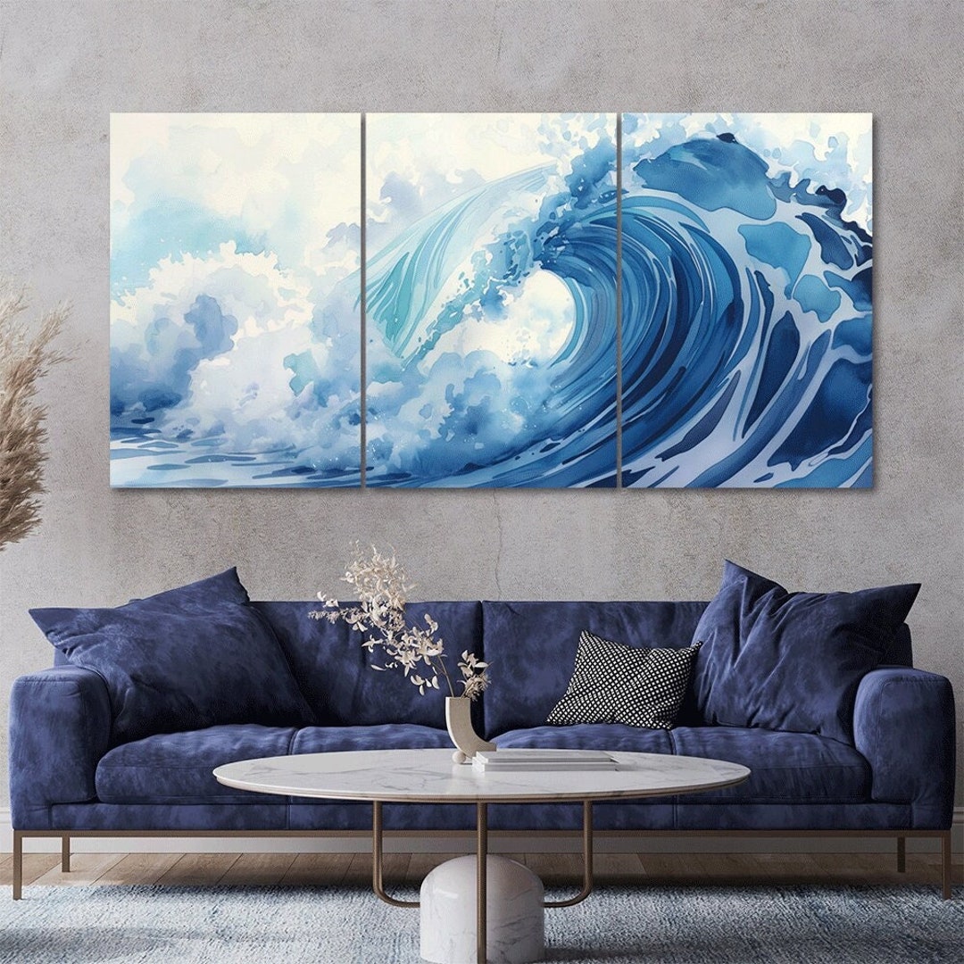 Blue Ocean Wave 3 Piece Canvas Wall Art Framed Multi Panel Prints ...