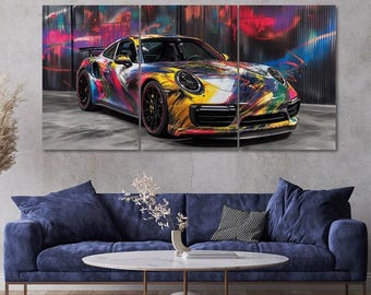 Porsche 911 Street Reflection Print, 3 Piece Canvas Wall Art Set for Living Room, Ready to Hang Wall Decor