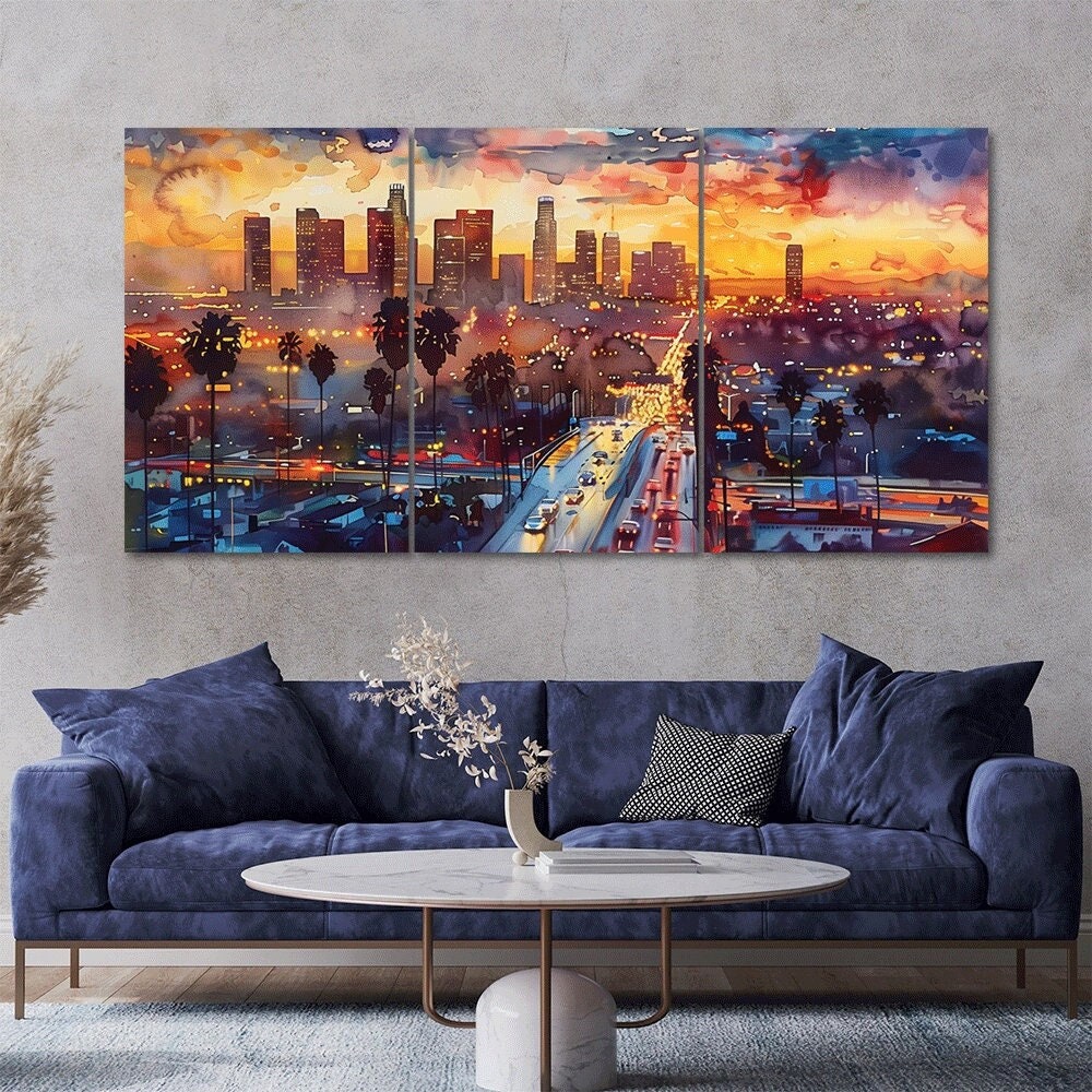 Abstract Los Angeles City Sunset Landscape 3 Piece Canvas Wall Art Framed Multi Panel Prints Painting Style Art Modern Home Decor