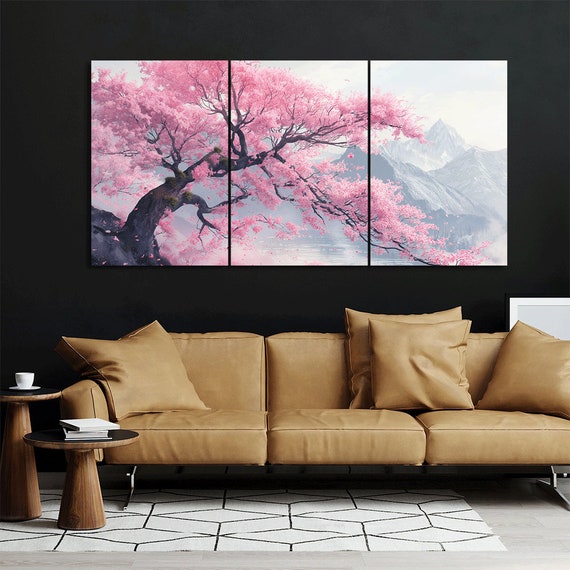 絵 横25.5cm  縦36cm Cherry Blossom Tree Canvas Print: Mountain Scenery, 3-piece Wall