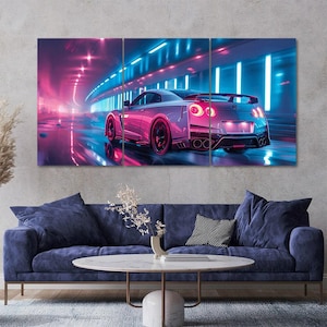 May include: A three-panel wall art set depicting a silver sports car driving through a tunnel illuminated by vibrant neon blue and pink lights. The car is shown from a rear three-quarter angle, highlighting its circular taillights and spoiler.