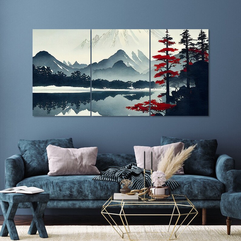 Red Tree Winter Lake Canvas Wall Art: 3-piece Mountain Landscape - Etsy