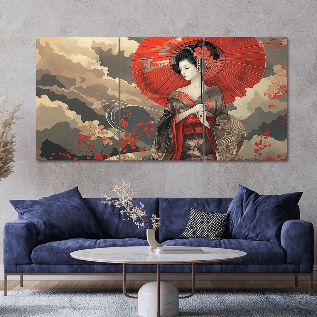 Geisha Traditional Japanese Artwork 3 Piece Canvas Wall Art Framed ...