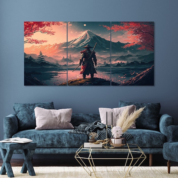 Samurai Canvas Wall Art Framed 3 Piece Warrior Mountain