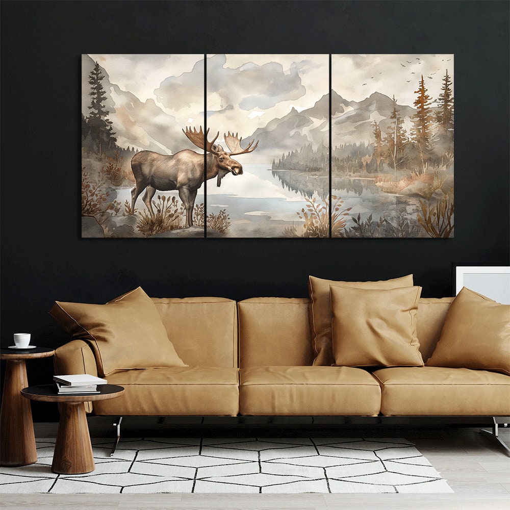 Moose Wild Animal Mountain Lake Scenery 3 Piece Canvas Wall Art Framed ...