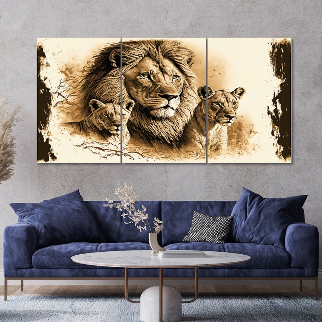 3 Piece Lion and Lioness Canvas Wall Art Framed Multi Panel Painting ...