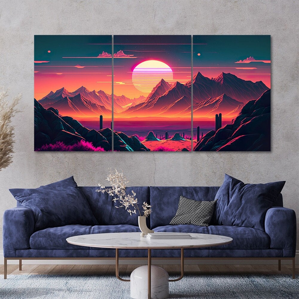 Outrun Sunset Mountain Canvas Art: Synthwave Style, Set of 3 - Etsy