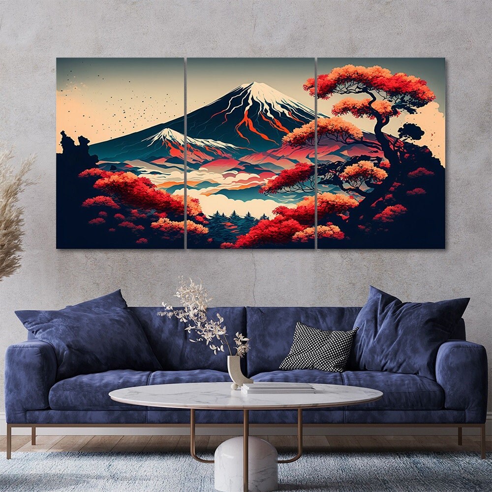 Japanese Mountain Landscape Canvas Wall Art: Modern Triptych Print