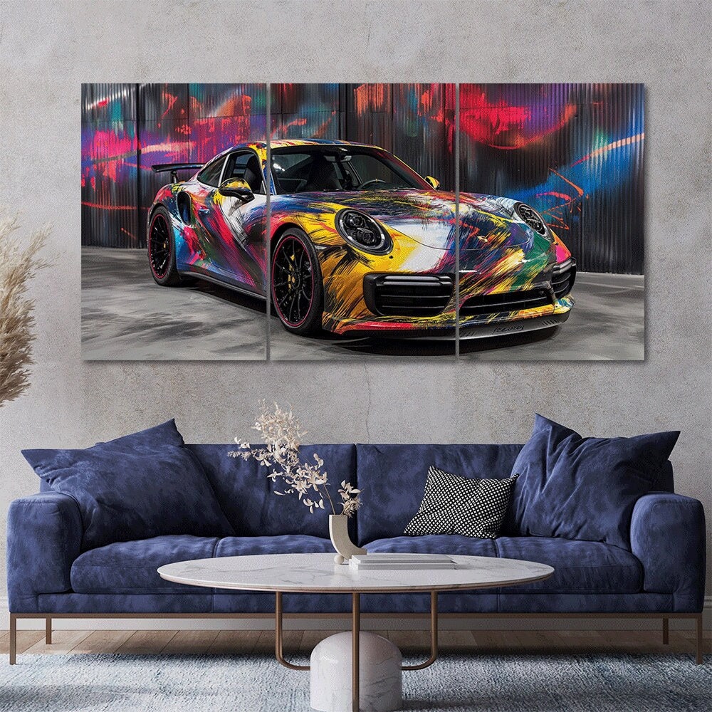 【オリジナル】アートパネル No.5 Colorful Porsche Canvas Art: Modern 3-panel Wall Decor - Etsy