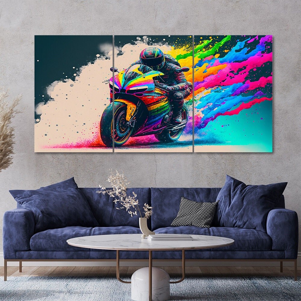 Motorcycle Canvas Wall Art: Vibrant Abstract Painting, Set of 3 - Etsy