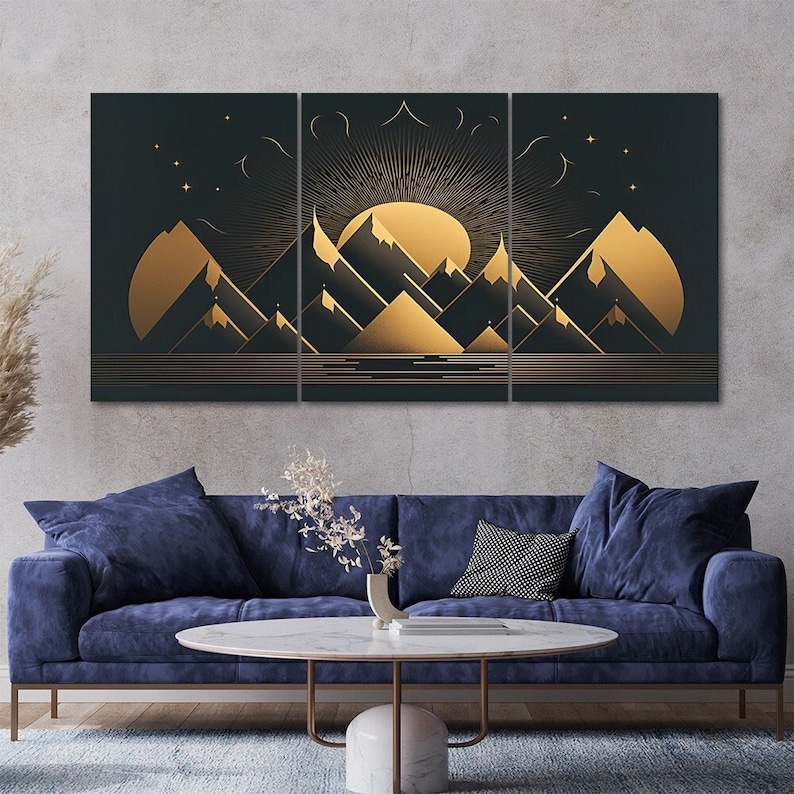 5-teilige Leinwand Wandkunst – Schwarz-Gold Berg Landschaft, Gerahmt Für Wohnzimmer & Schlafzimmer