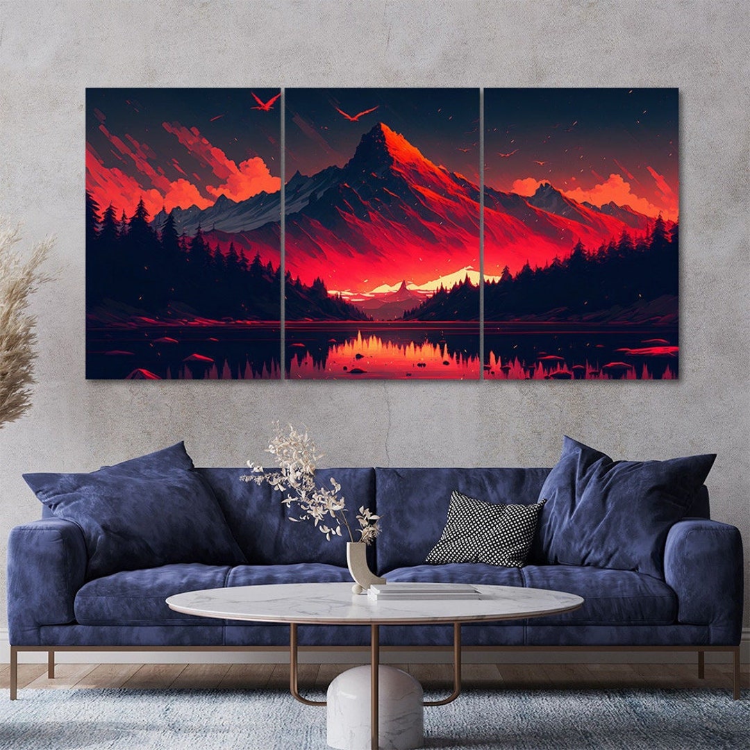 3 Piece Fantasy Red Sky Lake Mountain Landscape Canvas Wall Art Framed ...