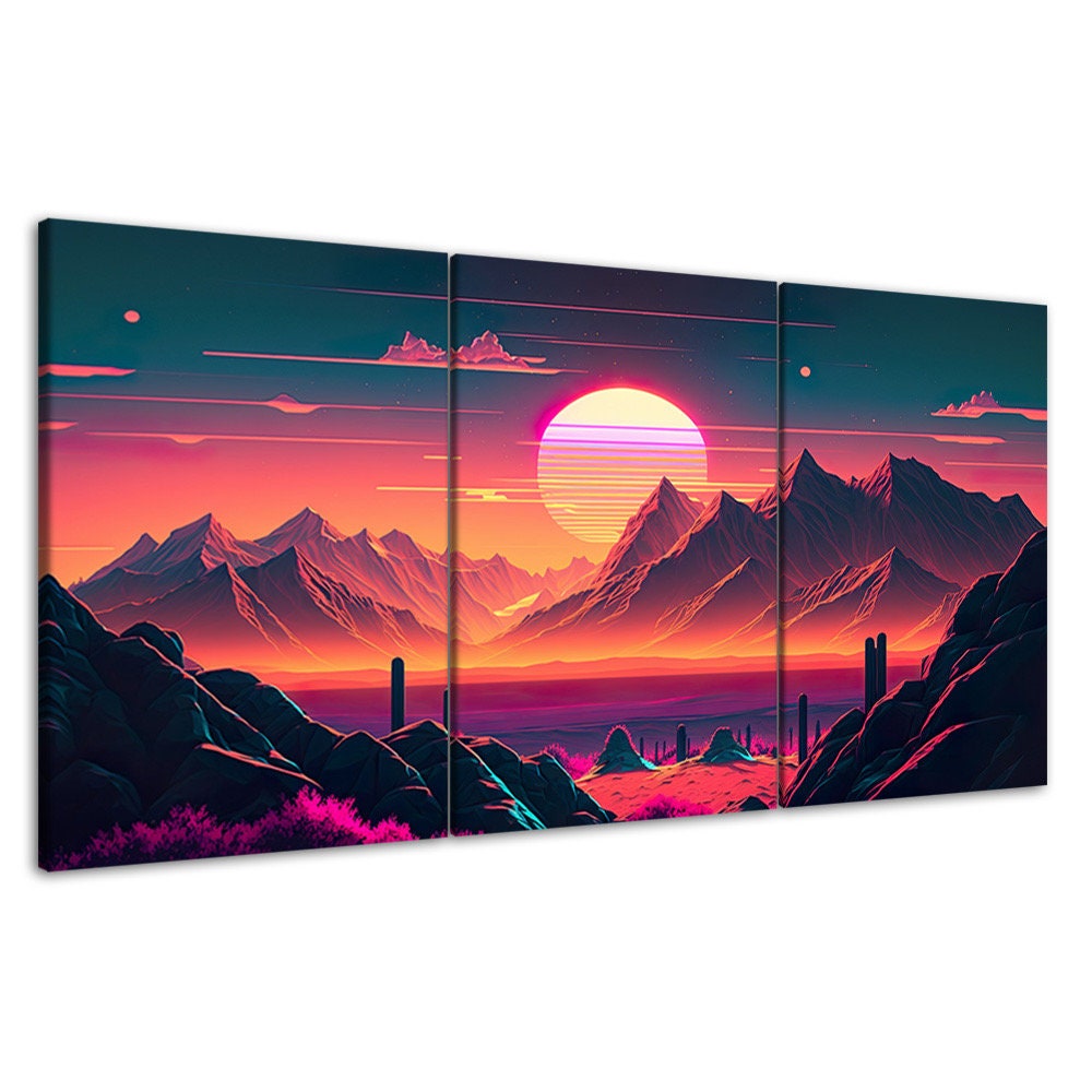 Outrun Sunset Mountain Canvas Art: Synthwave Style, Set of 3 - Etsy