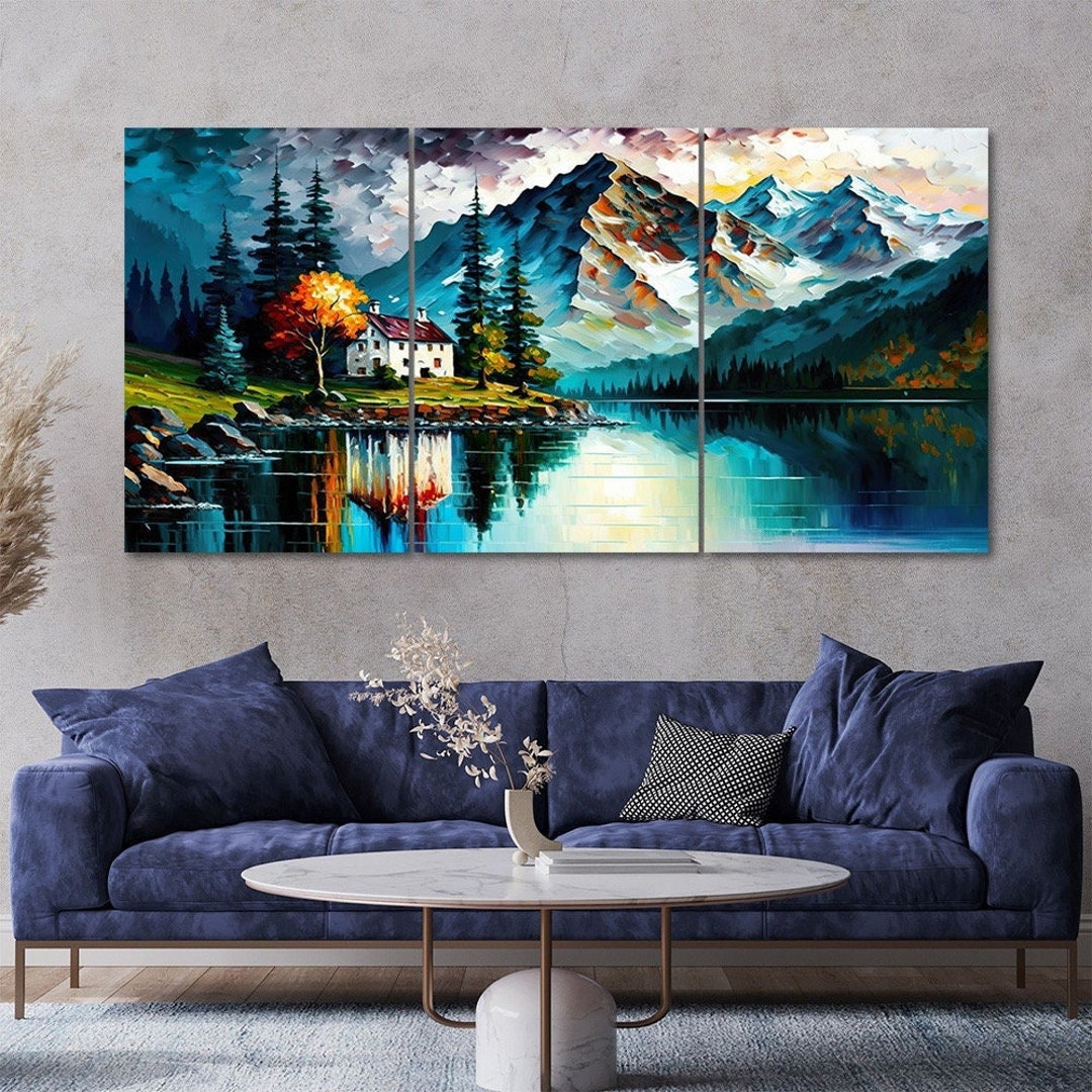 Lake House Mountain Canvas Art: 3-panel Modern Landscape Print Set - Etsy