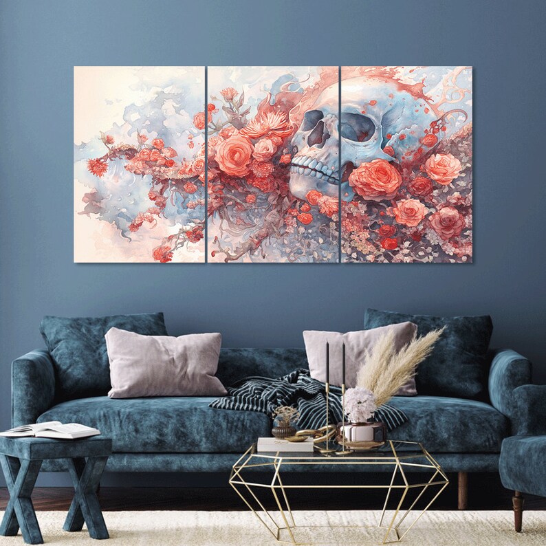 Human Skull in Flowers Life and Death Artwork 3 Piece Canvas Wall Art
