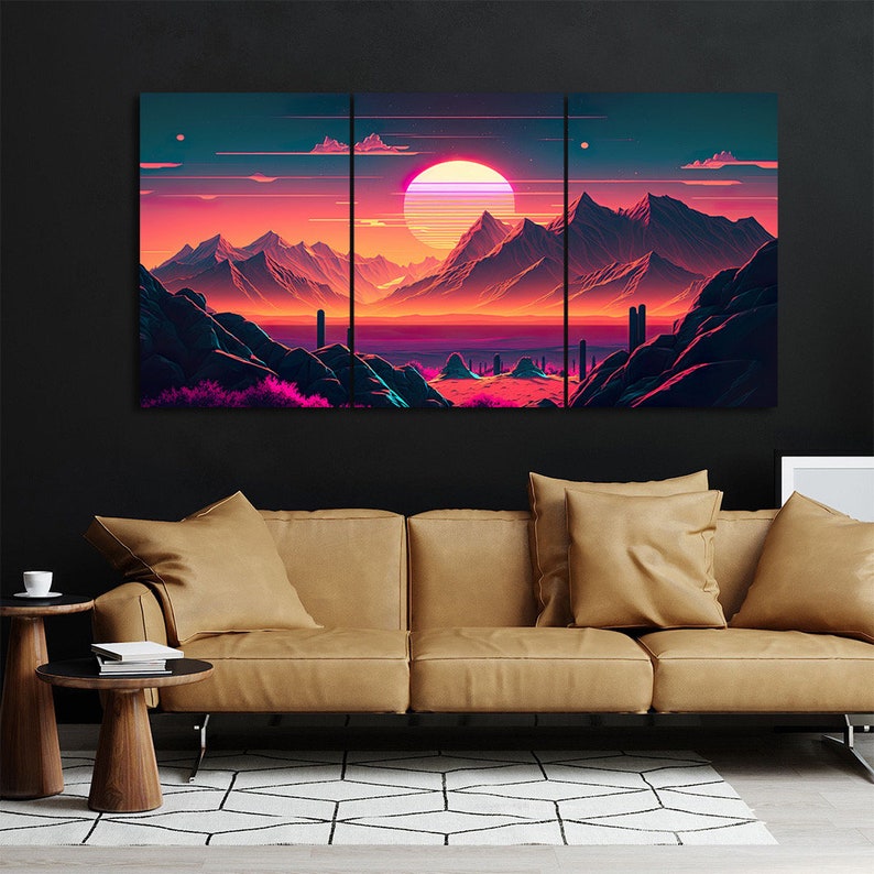 Outrun Sunset Mountain Canvas Art: Synthwave Style, Set of 3 - Etsy