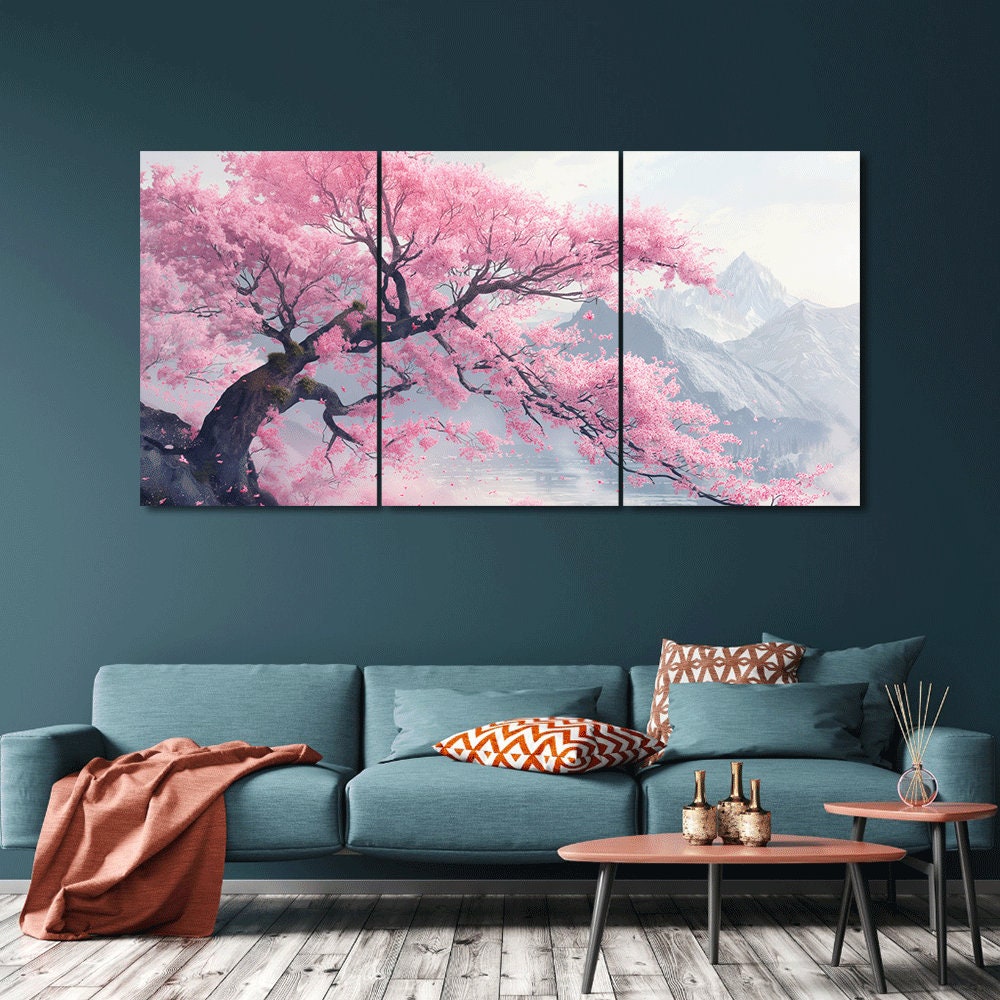 Cherry Blossom Tree Canvas Print: Mountain Scenery, 3-piece Wall Art - Etsy