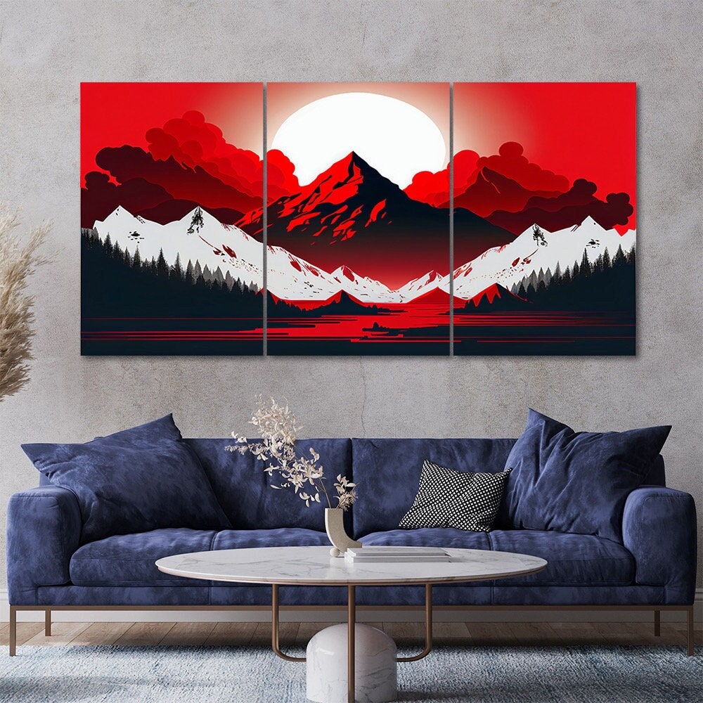 Red Mountain Canvas Wall Art: Modern Triptych Print Set - Etsy