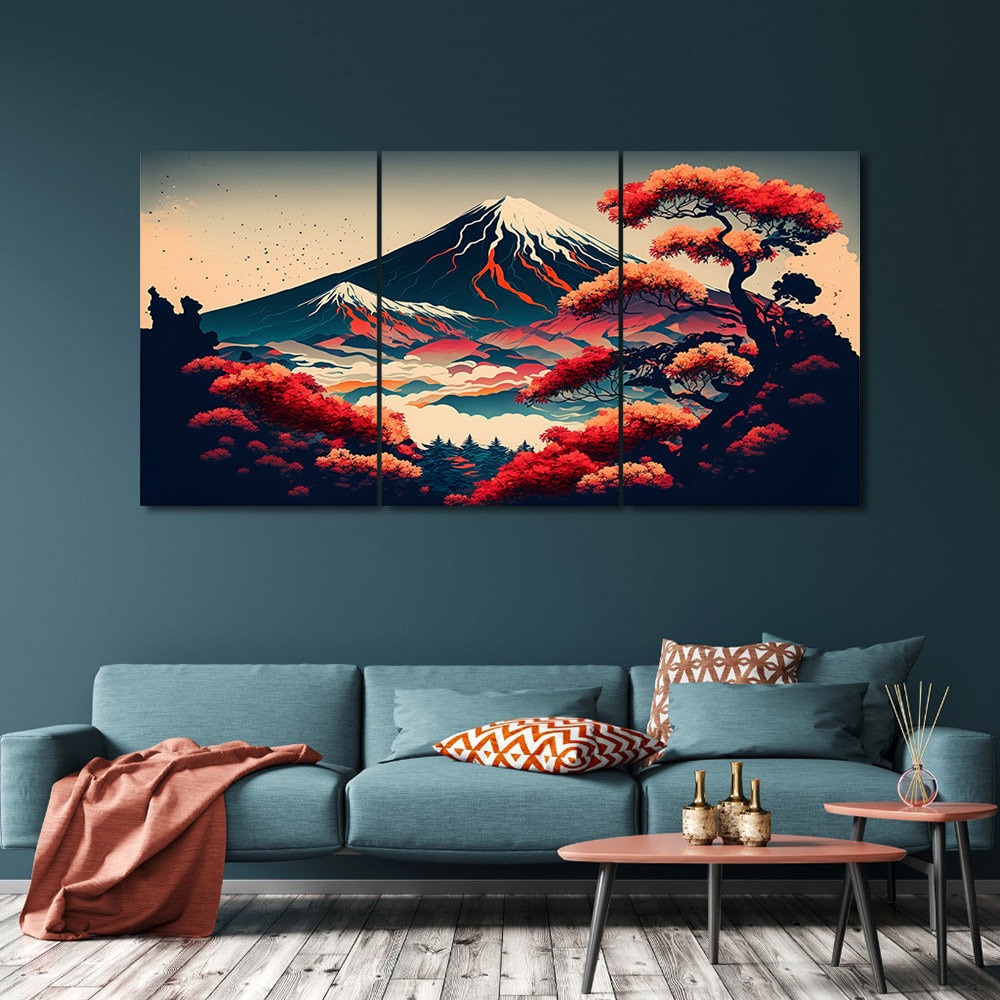 3 Piece Japanese Art Abstract Mountain Landscape Canvas Wall