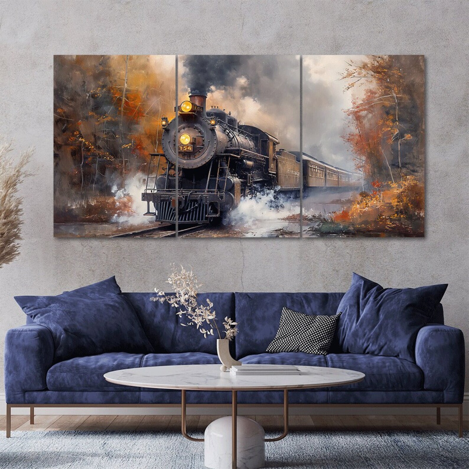 Vintage Steam Train Forest Railway 3 Piece Canvas Wall Art Framed Multi ...