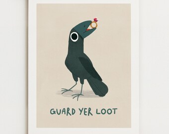 Crow Thief Art Print - Quirky Bird Illustration, Whimsical Crow Character Art Poster, Nerdy Gifts for Gamers, RPG Fantasy Fans - UNFRAMED