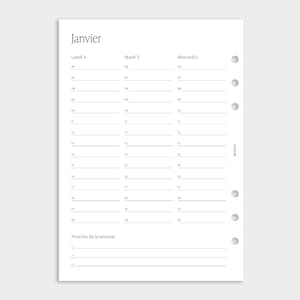 Peut inclure: Une page de recharge d'agenda blanche avec le titre Janvier, présentant une mise en page à trois colonnes pour Lundi 4, Mardi 5 et Mercredi 6. Chaque colonne liste les heures de 06 à 20 avec des lignes. Le mot COVENE est imprimé verticalement.