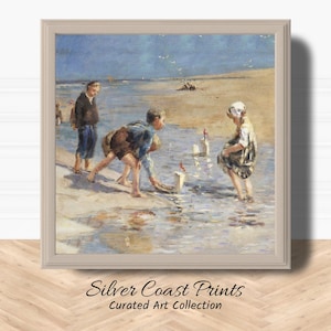 Beach print | Coastal art | Fine art beach print | Poster children at the beach | Beach house decor | Old master print | Sea art | Sea print