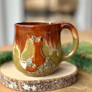 Fox cup, green mug, cup with fox, 10 fl oz / 300 ml, ceramic handmade mug, pottery cup, stoneware, gift for him her