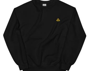 May include: Black sweatshirt with a small gold embroidered airplane design on the front.