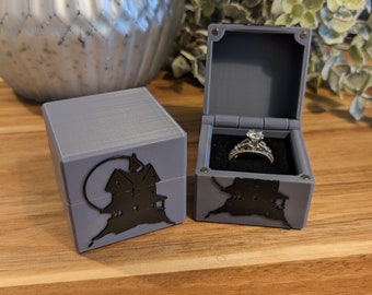 Caixa de anel de casa assustadora de Halloween (proposta única, presente, portador de alianças, etc.)