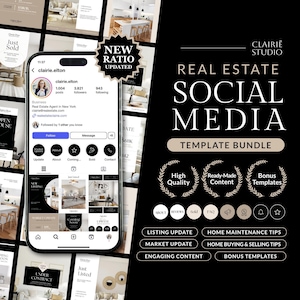 Pacchetto di modelli di marketing immobiliare per i social media 2025, modello minimalista per agente immobiliare Black Gold, nuovo kit per agente immobiliare con rapporto Instagram 4:5