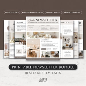 Ensemble de modèles de bulletin immobilier, Kit de marketing, Courrier mensuel de l'agent immobilier, Flyer de l'agent immobilier moderne, Ensemble imprimable d'affiche de Canva minimal