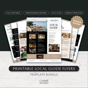 May include: A printable local guide flyer template bundle for real estate agents. The flyer features a modern design with a brown and white colour scheme. The text on the flyer reads "Claire Elton Real Estate, Local Guide".