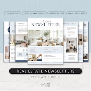 Pacchetto di modelli di newsletter stampabili, kit di marketing immobiliare, mailer mensile per agenti immobiliari, volantino per agenti immobiliari moderno, set di poster Canva minimale