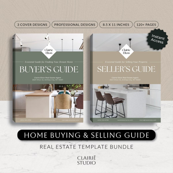Lot de modèles de guides immobiliers, processus d'achat de vente d'une maison, présentation du guide pour l'acheteur et le vendeur, marketing Canva pour agent immobilier