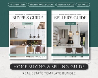Druckbares Immobilien-Leitfaden-Bundle, Hausverkaufs-Kaufprozess, Käufer- und Verkäuferpaket, Canva Muted Green Marketing-Vorlage für Makler